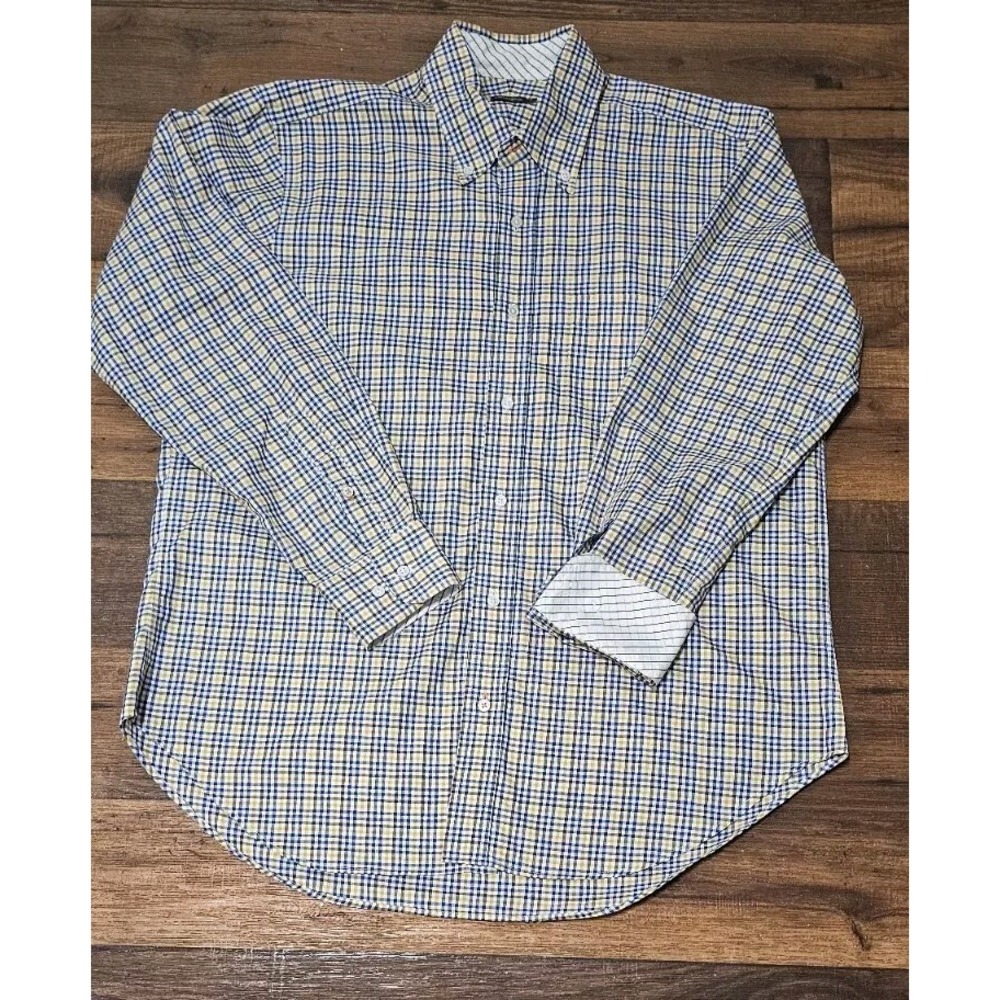 J McLaughlin Shirt Mens Medium Blue Yellow Button‎ Down Checkered Cotton Dressy